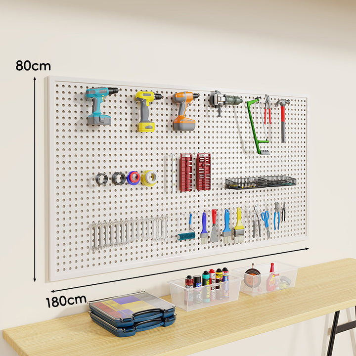 Heavy-Duty Wall-Mounted Perforated Steel Pegboard Tool Organizer with Modular Hooks and Shelf