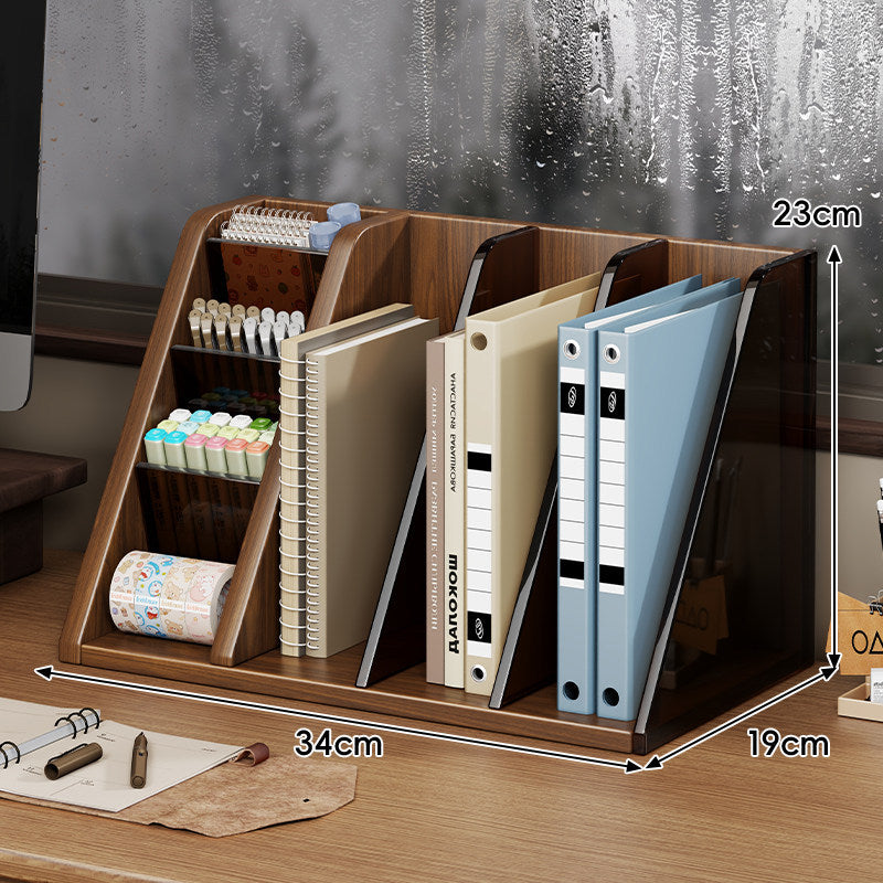 Multi-Compartment Wooden Desktop Document & Stationery Organizer with Angled File Dividers