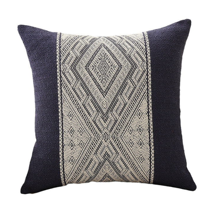 Square woven decorative cushion cover with central ethnic jacquard stripe and textured cotton blend
