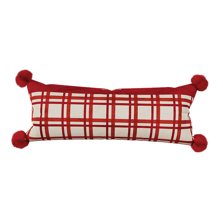Decorative Long Lumbar Cushion Cover with Striped and Polka Dot Print and Corner Pom-Poms