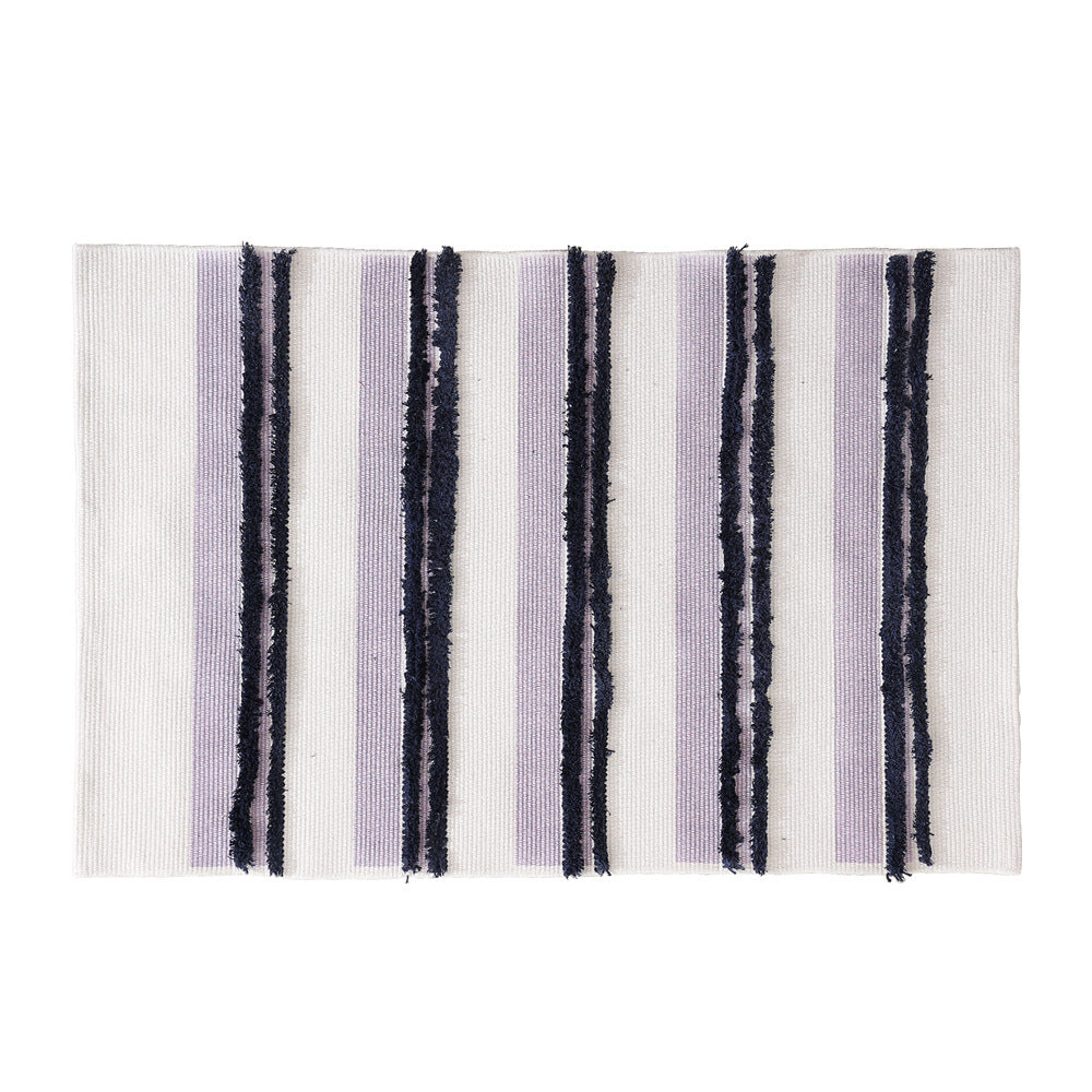 Cotton bath mat with textured stripes and fringes