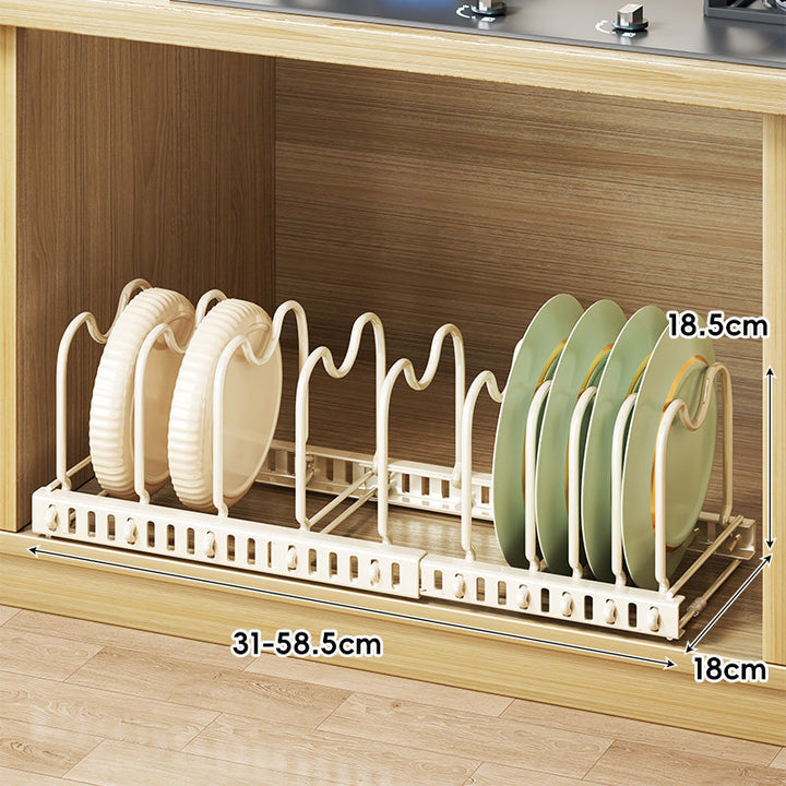 Expandable Under-Cabinet Sliding Plate and Lid Organizer Rack