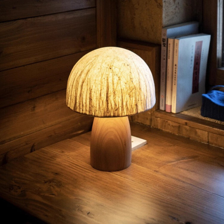 Artistic table lamp with natural wood base