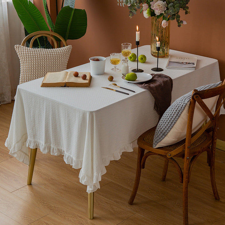 Light cotton gauze tablecloth with frill and natural structure