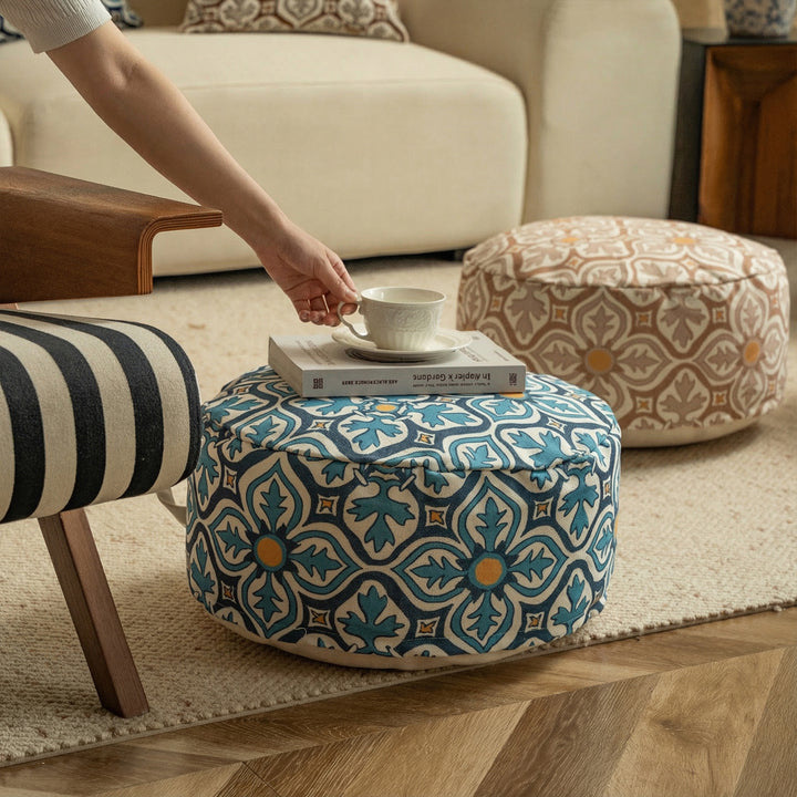 Beef floor seat pouf with removable cover and carrying handle