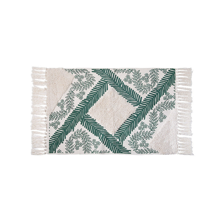 decorative woven bathroom runner with botanical jacquard pattern and fringes