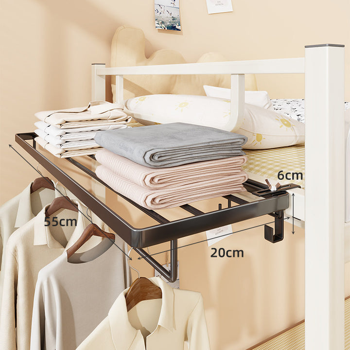 Bed Frame Mounted Slide-Out Clothes and Linen Shelf with Retractable Hanging Rail