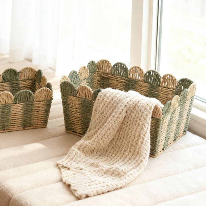 Decorative storage basket made of woven material