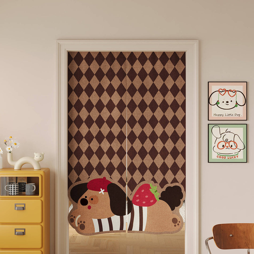 Split Noren Door Curtain Linen-Blend Dachshund Pattern Privacy Panel