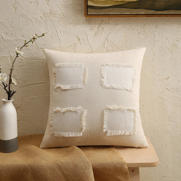 Fringed Patchwork Linen-Blend Square Decorative Throw Pillow Cover