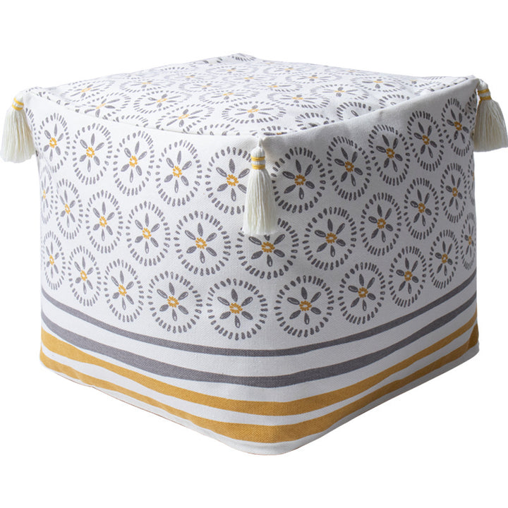 Square pouf seat cube made of cotton blend fabric with boho embroidery and tassels