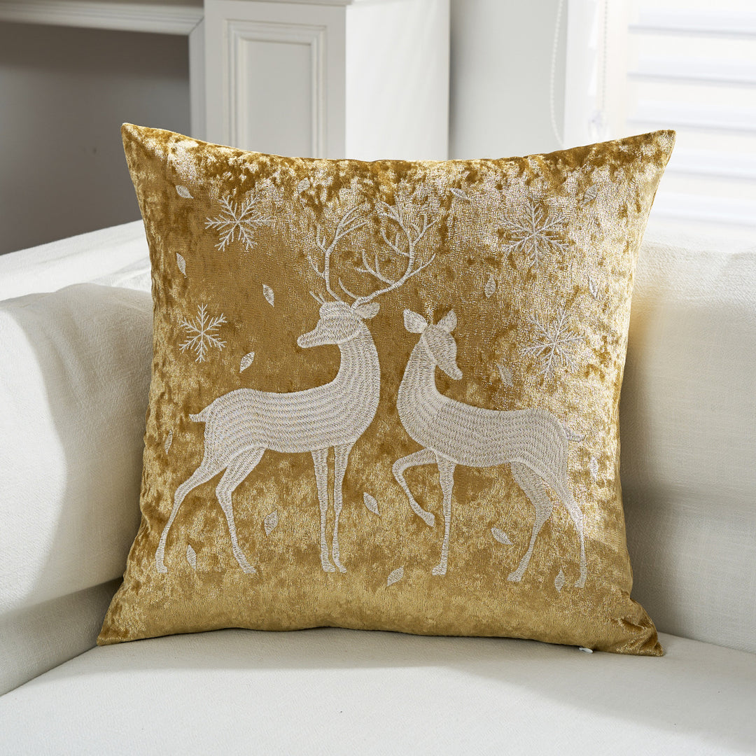 Decorative Velvet Throw Pillow with Appliqué Reindeer Motif