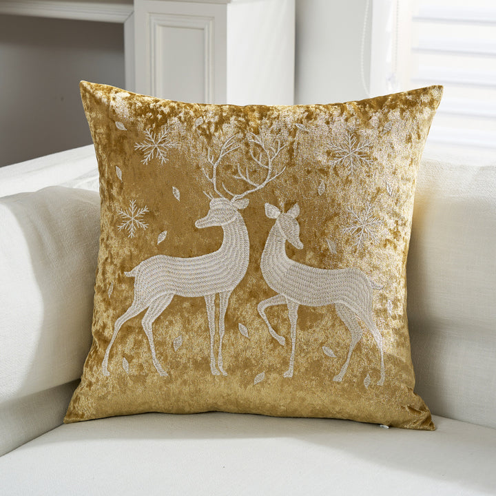 Decorative Velvet Throw Pillow with Appliqué Reindeer Motif