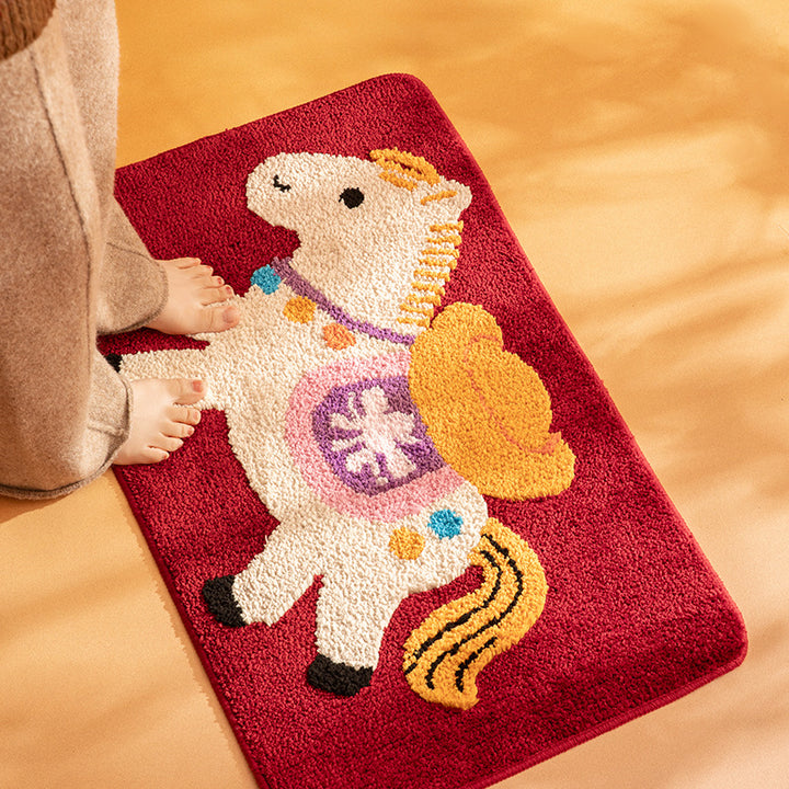 Children's bath mat with playful pony motif, absorbent microfiber, and non-slip bottom