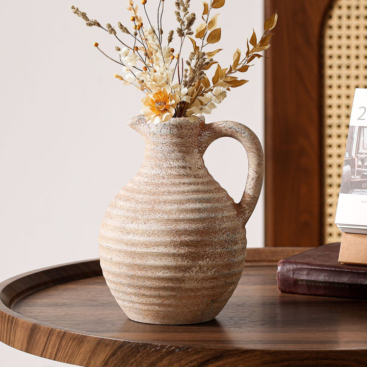 Handcrafted ceramic vase with ribbed structure