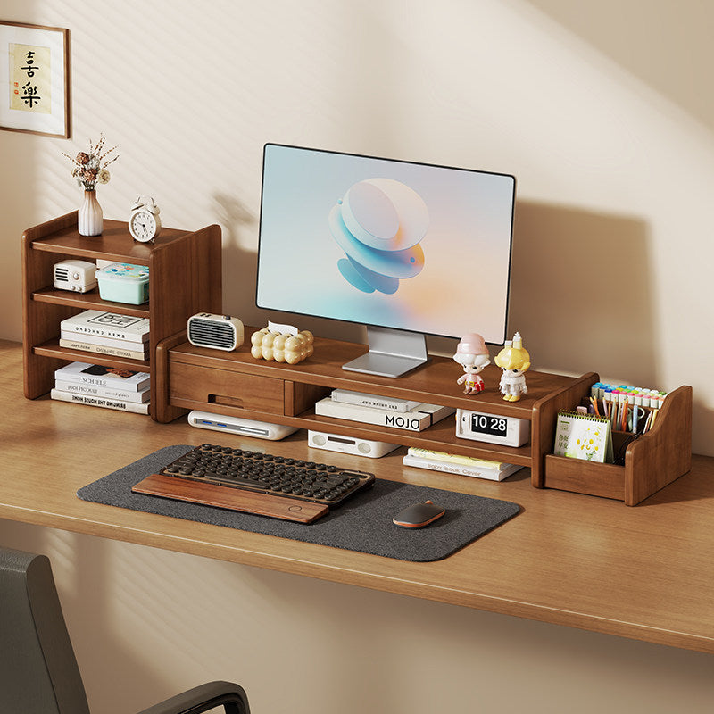 Solid Wood Monitor Riser and Desk Organizer with Dual-Level Shelf and Cable Management