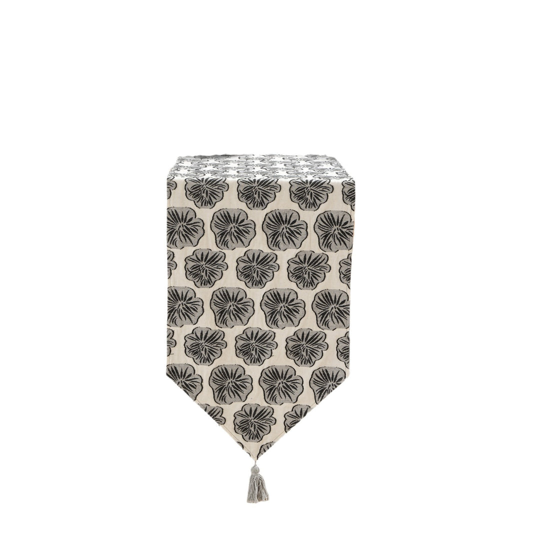 Woven double-sided linen table runner with tassels and hand-drawn swallow print