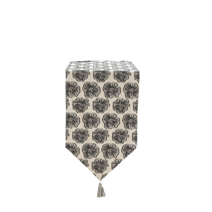 Woven double-sided linen table runner with tassels and hand-drawn swallow print
