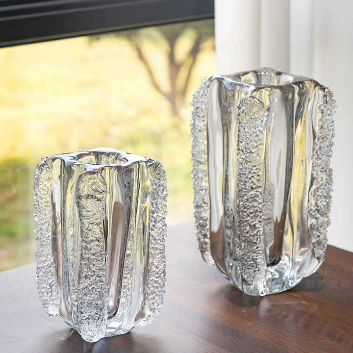 Contemporary Clear Art Glass Column Bud Vase with Crystalline Side Texture