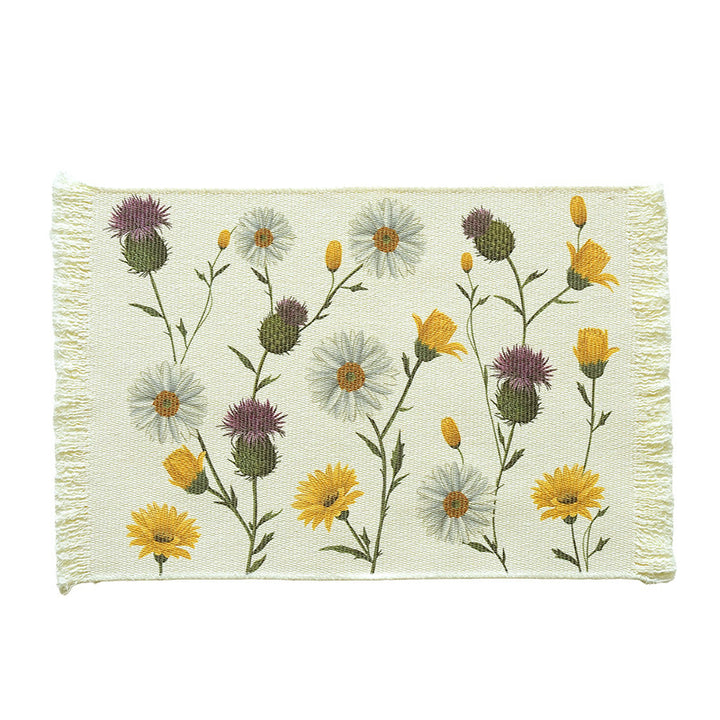 Rectangular woven rug in tropical palm pattern with flat weave and fringes