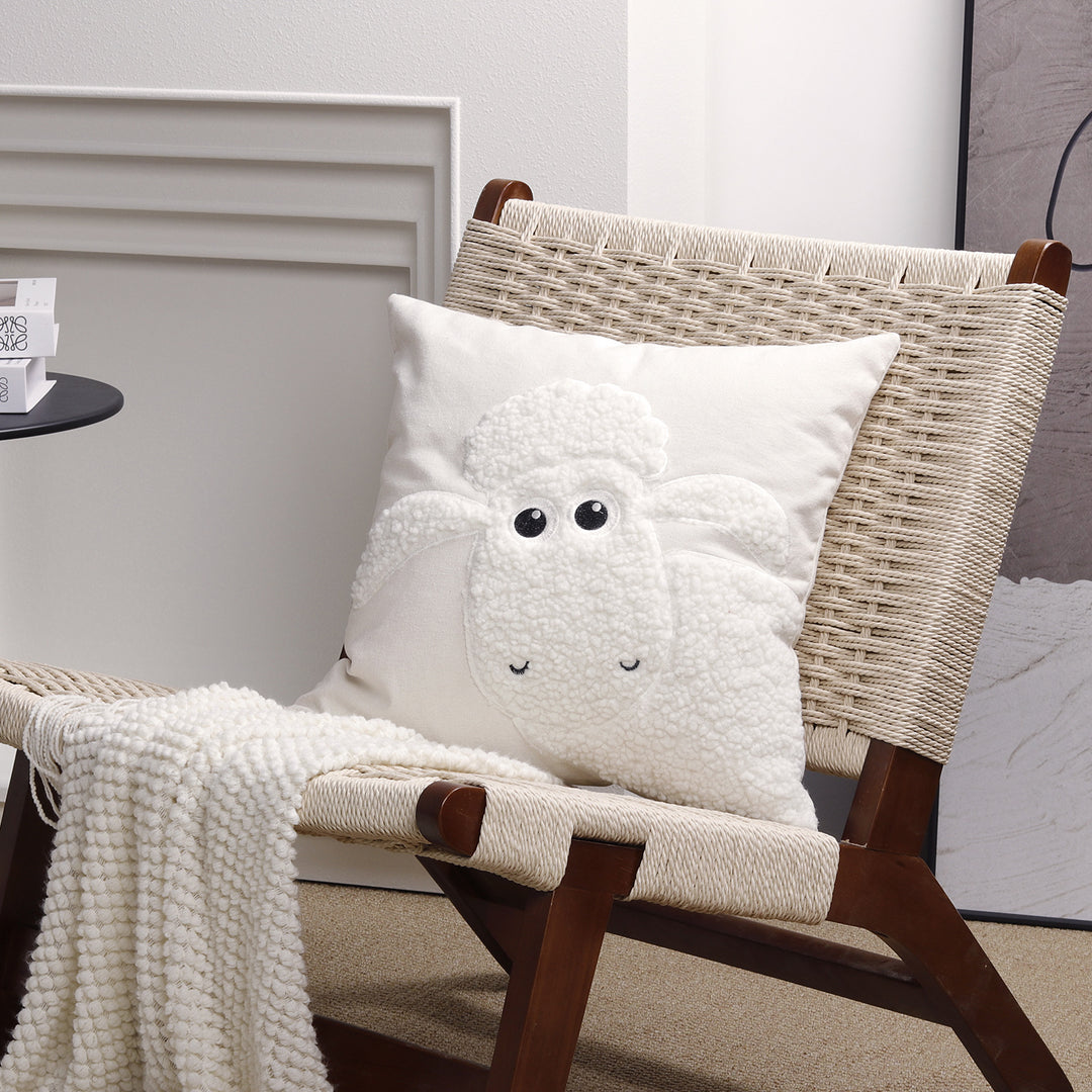 Plush Sherpa Appliqué Lamb Square Throw Pillow Cover with Hidden Zipper