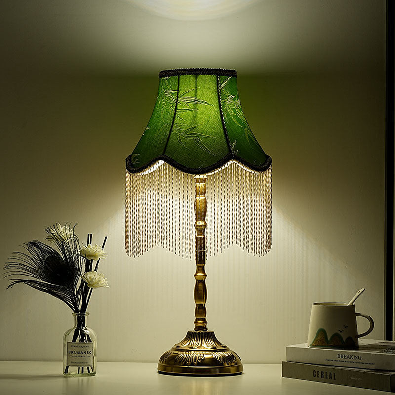 Silk fringed Empire-style table lamp with bead tassel shade