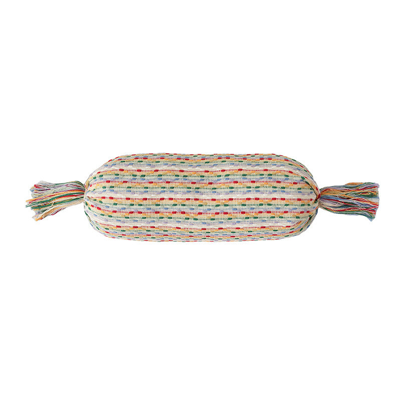 Boho-woven decorative pillow set with cylinder roll and square fringe cover
