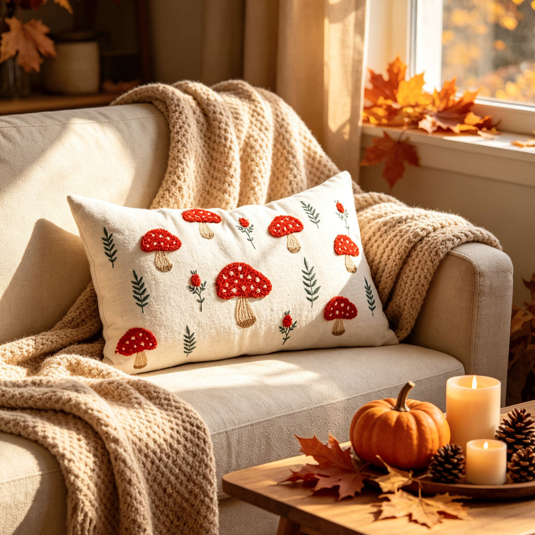 Embroidered Mushroom Linen Lumbar Throw Pillow Cover