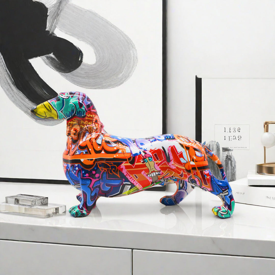 Colorful decorative figure of a dachshund in graffiti style