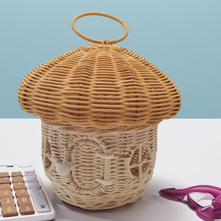 Playful storage basket with mushroom hat design