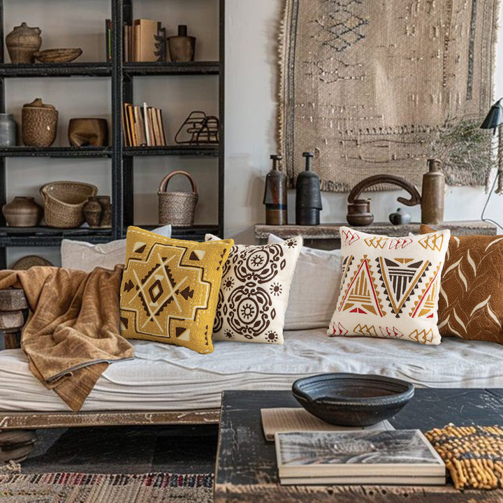 Bouclé pillow with hand-stitched ethnic design and removable cover