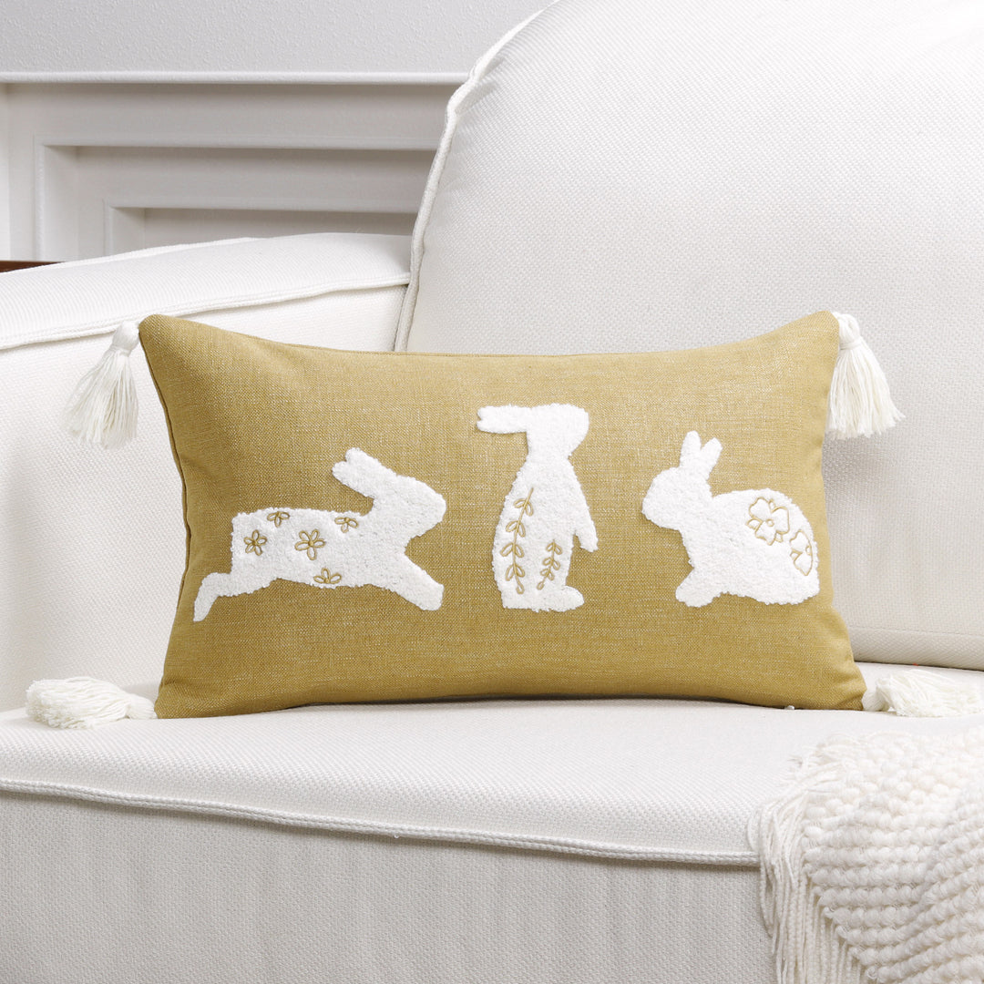 Decorative Lumbar Pillow Cover with Tufted Bunny Appliqués and Corner Tassels