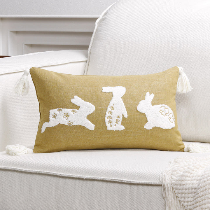 Decorative Lumbar Pillow Cover with Tufted Bunny Appliqués and Corner Tassels