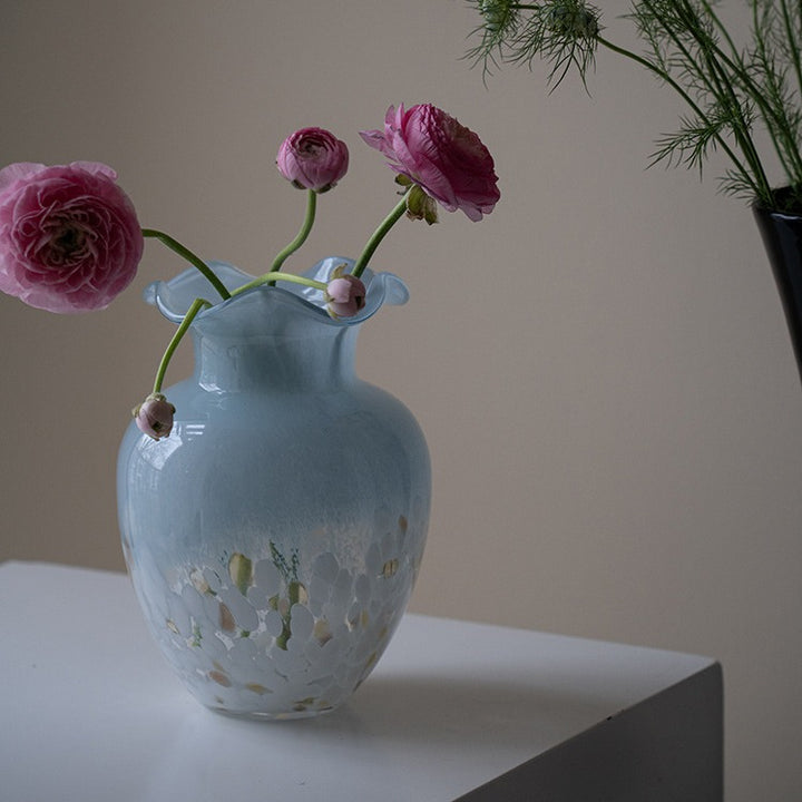 Hand-Blown Ruffled-Rim Art Glass Decorative Vase with Speckled Overlay