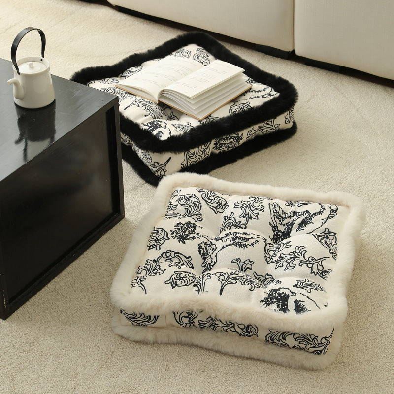 Decorative square seat cushion with baroque angel print and faux fur trim