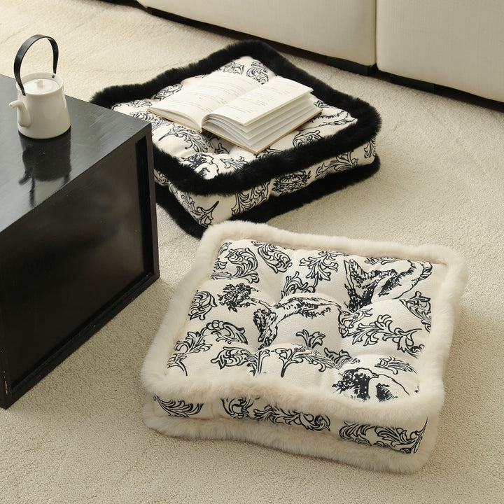 Decorative square seat cushion with baroque angel print and faux fur trim
