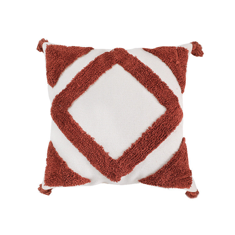 Woven decorative cushion cover with high pile, diamond tufting and tassels