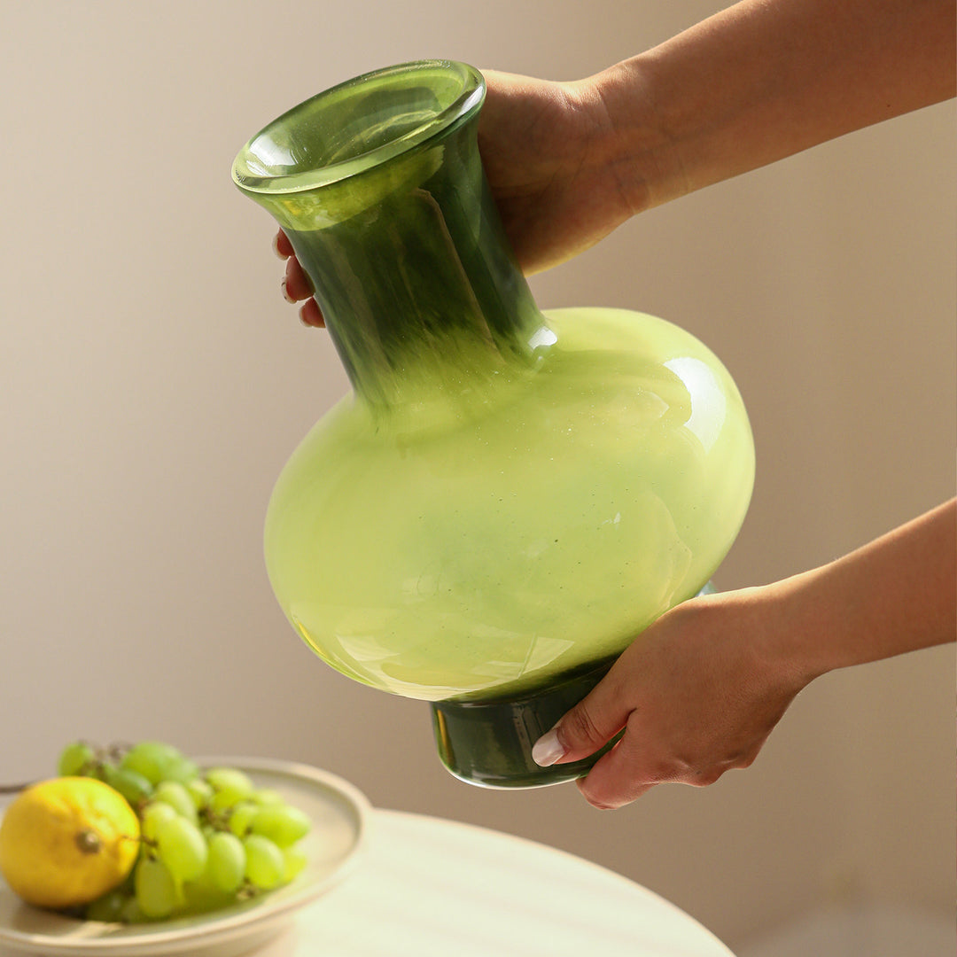Hand-Blown Marbled Bulbous Glass Decorative Vase with Tall Neck