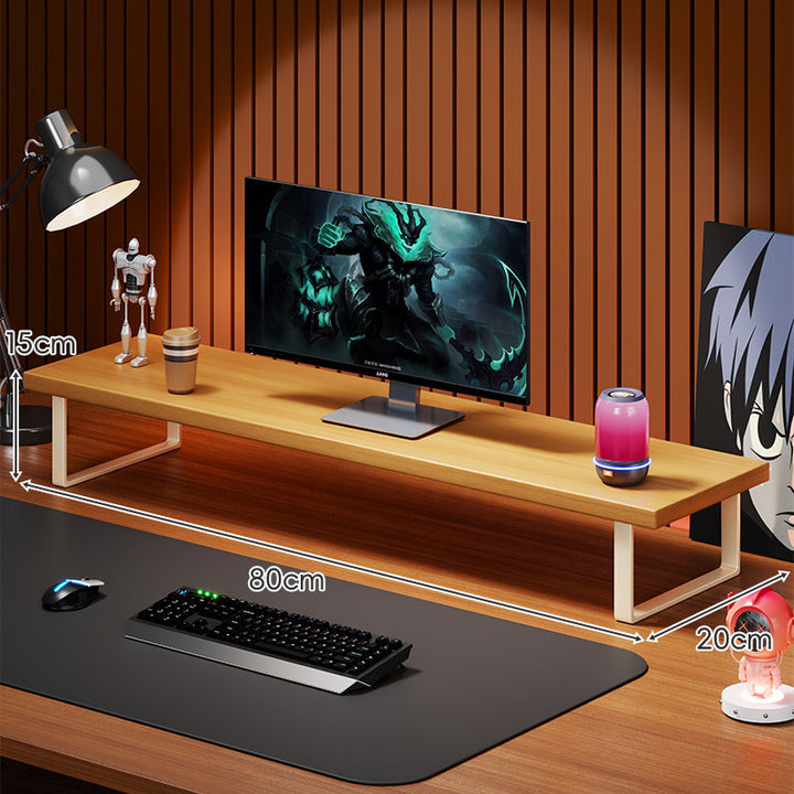 Elevated Wooden Monitor Riser Stand with Metal Bracket Legs and Cable-Friendly Desktop Shelf