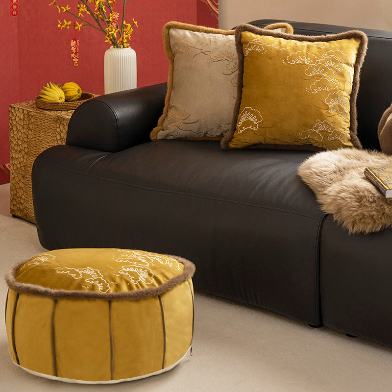 Round padded floor seat pouf with embroidered top and faux fur trim