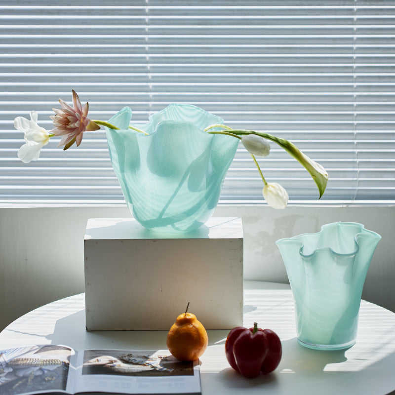 Hand-Blown Fluted Art Glass Vase with Ruffled Rim