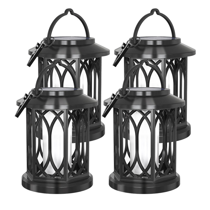Decorative solar-powered hanging lantern for outdoor use with iron mesh frame