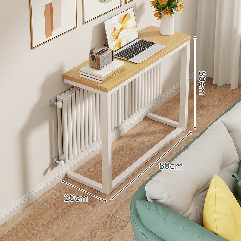 Slim Narrow Console Table with White Metal Frame and Wood-Grain Top