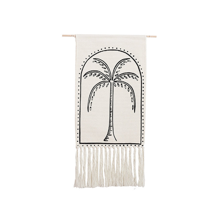 Woven wall hanging with hand-drawn mushroom motif and long cotton fringes