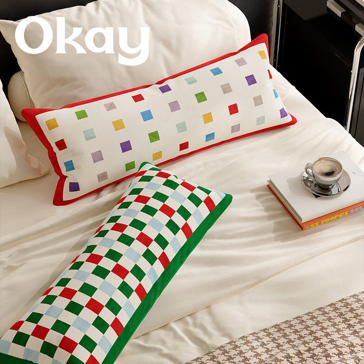 Long Lumbar Velvet Pillow Cover with Checkerboard Textured Panel and Hidden Zipper