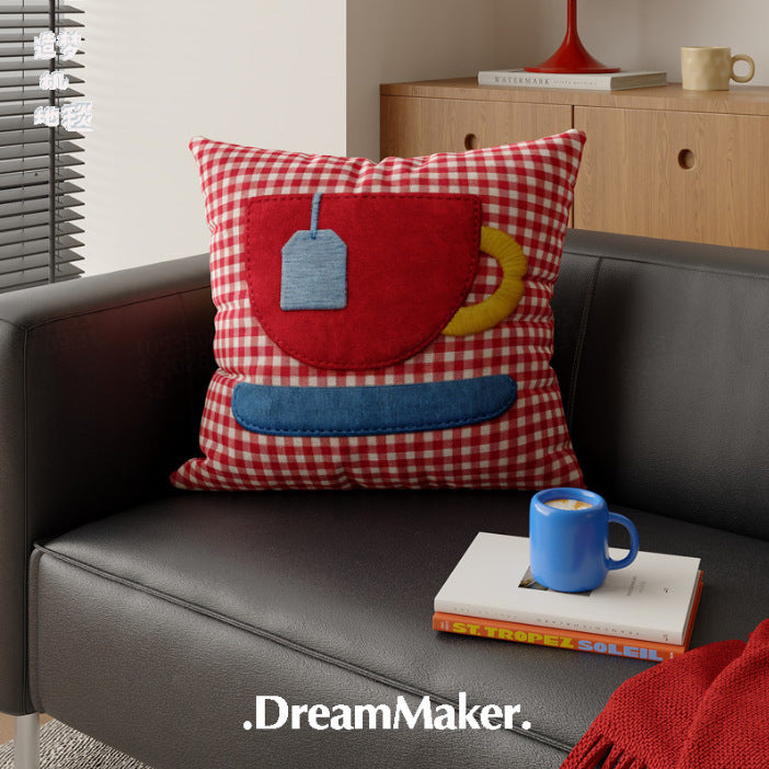 Decorative Gingham Appliqué Coffee Cup Throw Pillow Cover