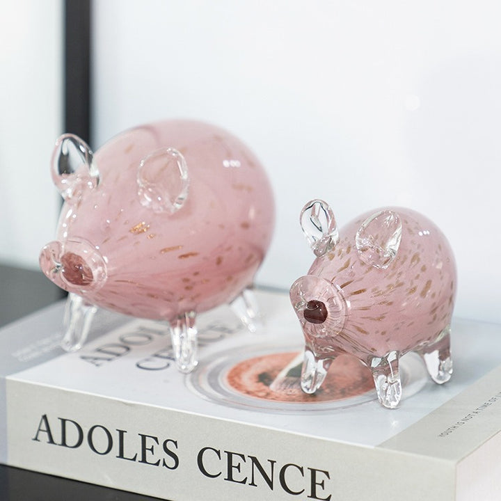 Hand-Blown Decorative Glass Pig Figurine with Clear Pedestal Legs