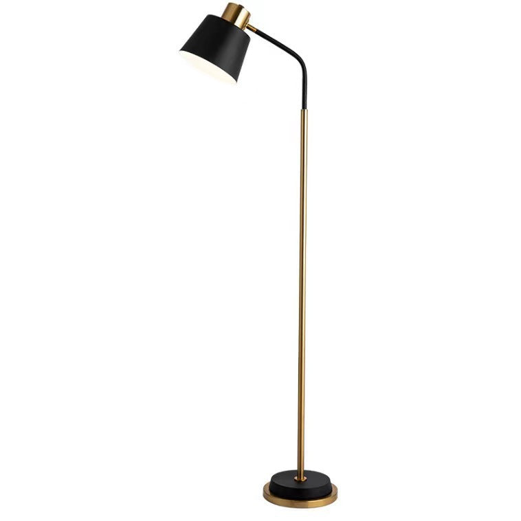 Slim Brass Torchiere Floor Lamp with Tilted Cone Shade and Adjustable Neck