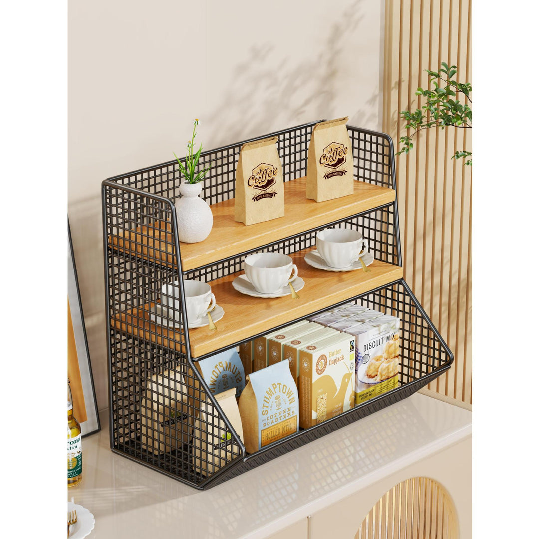 Kitchen Countertop Multi-Tier Wire Mesh Storage Organizer with Wooden Display Shelves