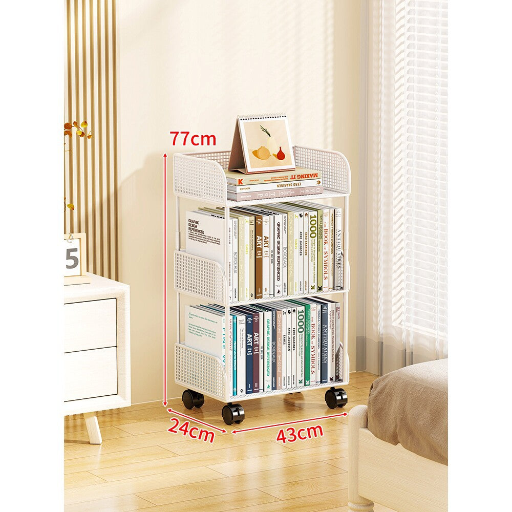 Narrow Mesh Mobile Bookcase with Deep Wire Baskets and Locking Swivel Casters